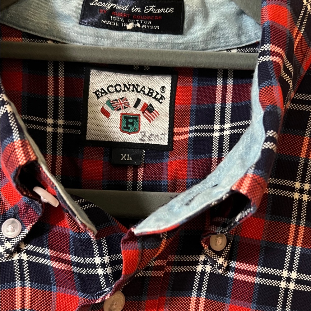 Faconnable Men's Red and Navy Checkered Shirt